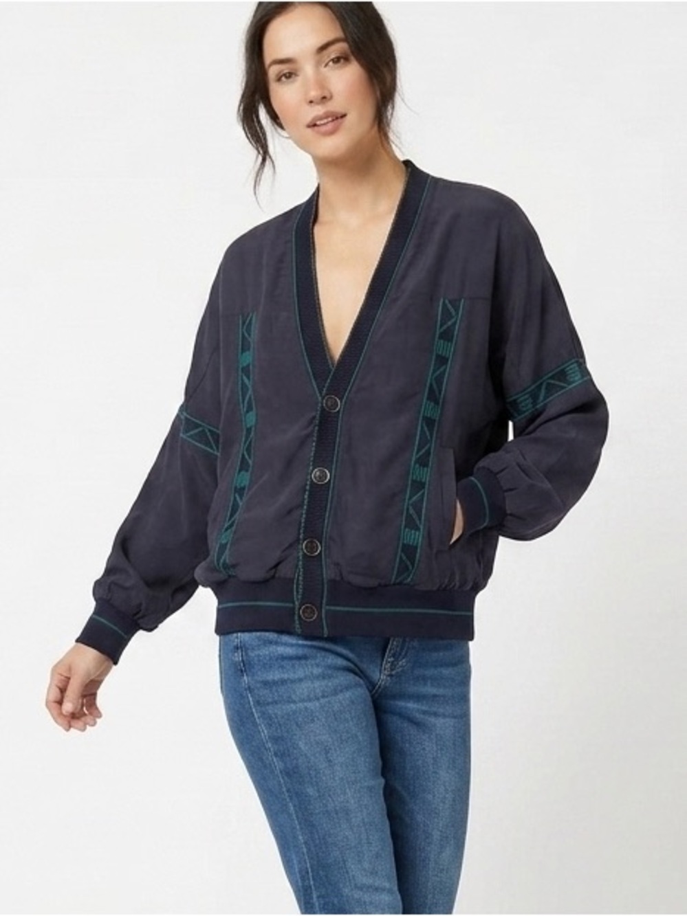 Vintage Torras made in Spain Women’s Navy Bomber Jacket w/Green Trim cotton